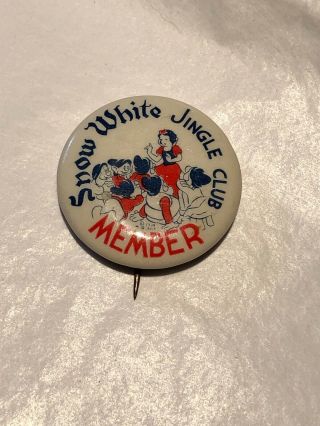 Vintage 1938 Walt Disney Snow White Jingle Club Member Pin Pinback Button