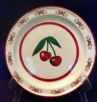 Vintage White Enamel Plate W/red Cherries Flowers French Country Primitive
