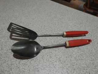 Vintage Red And Off White Handle Spoon And Spatula Stainless Steel A&j