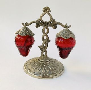 Vintage Strawberry Hanging Salt And Pepper Shaker Tree Set Red Vintage Glass