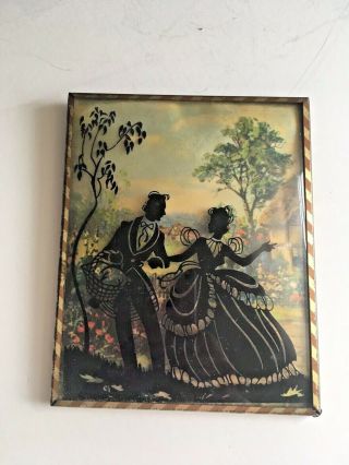 Vintage Reverse Painted Convex Glass Silhouette Couple Picnic