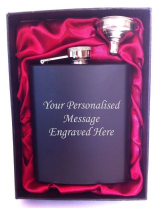 Engraved Steel Hip Flask Black 7oz In Gift Box With Red Liner,  Funnel
