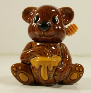 Vintage Ceramic Brown Bear Honey Pot With Dipper Made In Taiwan Marked B