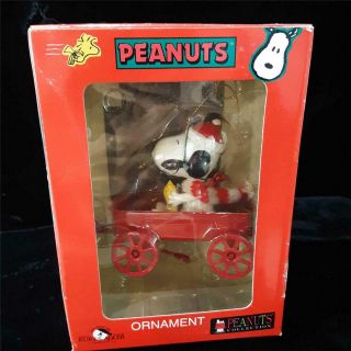 Vintage Peanuts Christmas Ornament Snoopy Woodstock In A Wagon Kurt Adler Nrfb