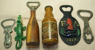 Vintage 6 Rare Beer & Soda Bottle Openers Figural Cast Iron Wooden Art Nouveau