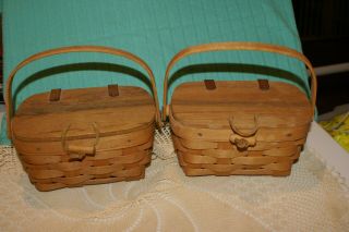 2 Longaberger Small Handwoven Hand Basket W/leather Hinged Cover & Handles