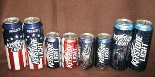 Collectible Beer Cans 8 Rare Keystone Light Red,  White,  Blue & Fish Limited Cans