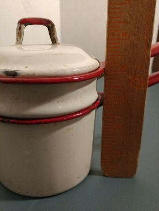 Children ' s Enameled Double Boiler Vintage Maybe Antique Red And White w/ Lid 2