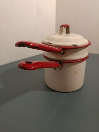 Children ' s Enameled Double Boiler Vintage Maybe Antique Red And White w/ Lid 3