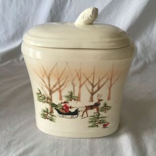Hallmark Christmas Canister/cookie Jar Acorn Top Lid Santa Sleigh Reindeer Woods