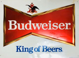Vintage Budweiser King Of Beers Embossed Tin Metal Bowtie Logo Sign 36 X 26