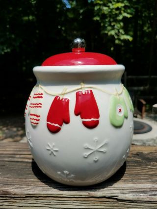 Hallmark Christmas Cookie Jar Mittens On Clothesline Jingle Bell Top Ceramic
