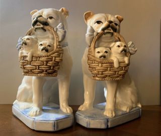 Adorable 2 Fitz & Floyd Bookends Pug Dogs With Basket Of Puppies