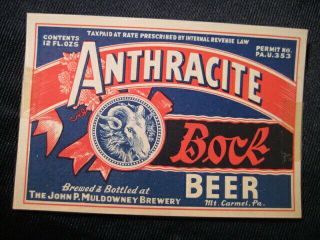 Vintage Anthracite Bock Beer Paper Label John P Muldowney Brewery Mt.  Carmel,  Pa