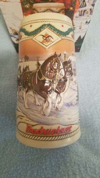 1996 Budweiser Holiday Beer Stein Clydesdales American Homestead Nib