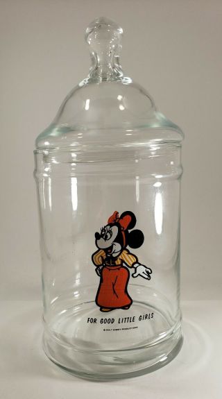 Vintage Disney Minnie Mouse Glass Cookie Jar " For Good Little Girls "