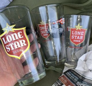3 Lone Star Beer 16 Oz.  Pint Glasses.  Red Shield & Armadillo On Back Logo
