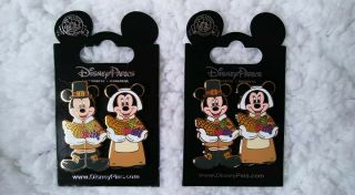 2 Disney 2008 Trading Pins 42557,  Mickey & Minnie Pilgrims,  Upc Tags,  Thanksgiving