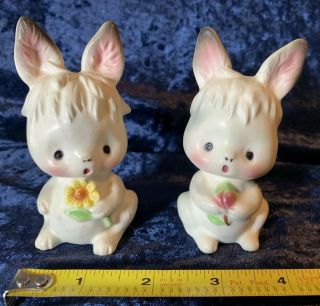 Vintage Ceramic White Bunny Rabbit Salt & Pepper Shakers Holding Flowers Japan