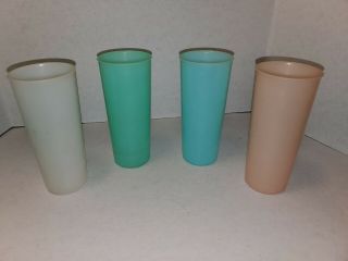 4 Vintage Tupperware Pastel 16 Oz Tumblers Glasses 6 1/2” 107 Blue Peach Green