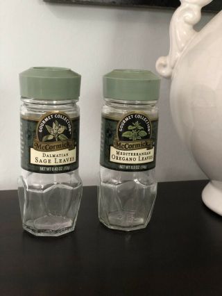 Vintage McCormick Spice Jars Green Lids Dalmatian Sage OR Mediterranean Oregano 2