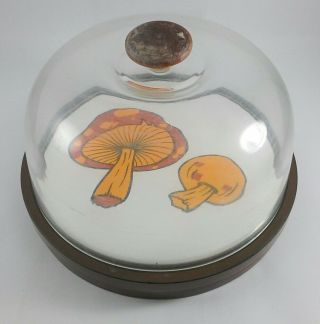 Vintage Covered Cheese Tray With Mushroom Or Toadstools Plastic Domed Tray Serve