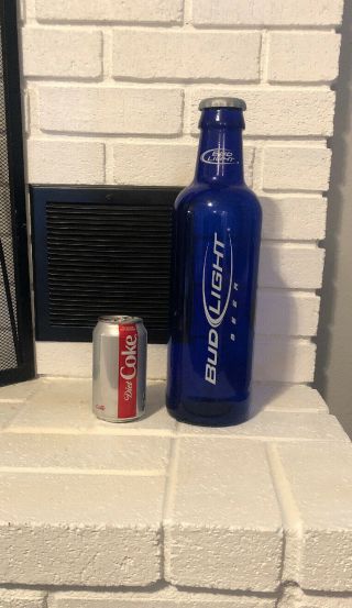 Advertising Large Bud Light Cobalt Blue Glass Beer Bottle W/ Cap Mancave 14.  75”
