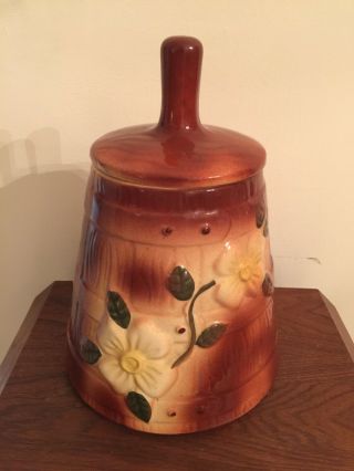 Vintage American Bisque Cookie Jar Ceramic Butter Churn W/ Flowers Dogwood