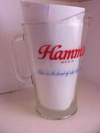 Hamm ' s Beer Large Glass Bar Draft Pitcher Born in the Land of Sky Blue Waters 2
