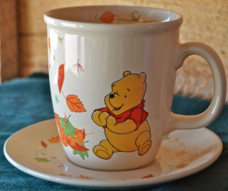 Disney Winnie The Pooh Bear & Piglet Cup Mug And Saucer 2 Piece Set Fall Leaves