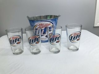 Miller Lite Metal Ice Bucket And 4 Beer Pint Glasses Set
