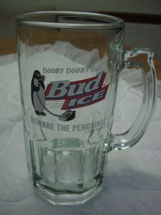1996 Anheuser - Busch Bud Ice/beware The Penguins/large Clear Glass Mug