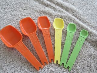Vintage Set Of 6 Orange,  Green,  Canary Yellow Tupperware Measuring Spoons Mixed