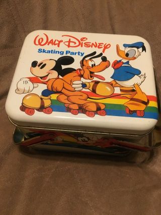 Vintage Walt Disney Mickey Mouse Skating Party Tin Lunch Box With Red Handles