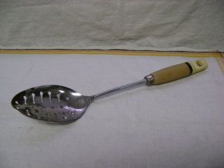 Vintage Ekco Chrome Plated Slotted Serving Spoon,  Wood Handle,  12 " Long