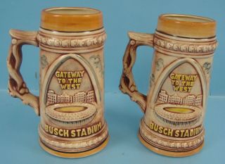 2 Vtg Ceramic Busch Stadium Mississippi Riverboat Beer Stein St.  Louis Mo.  Mugs