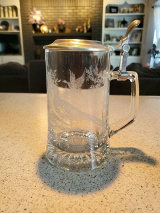 Vintage Etched Glass Pheasant Lidded Beer Stein Mug - West Germany Alwe