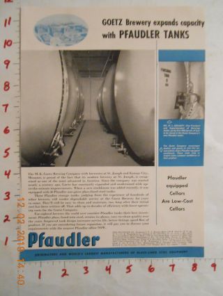 1951 Pfaudler Co Beer Trade Ad Inside The M.  K.  Goetz Brewing Co Kansas City Mo