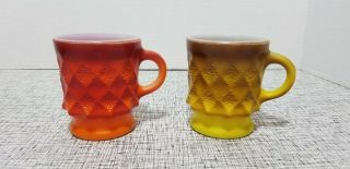 2 Vintage Anchor Hocking Diamond Pattern Textured Milk Glass Mug Orange Yellow