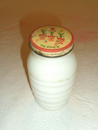Vintage Hoosier Pepper Shaker Milk Glass Tin Lid Tulips Ribbed