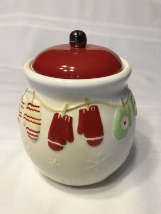 Hallmark Christmas Cookie Jar Mittens On Clothesline Bell Handle On Top Ceramic