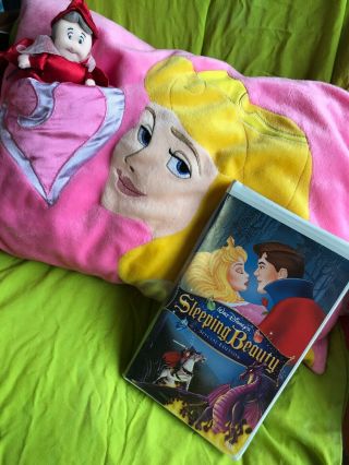 Disney Sleeping Beauty Aurora Plush Pillow With Red Fairy 17 " X12 " Plus Vhs Movie