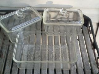 3 Vtg Glasbake 805 1.  5 Qt Loaf Pans With Lids Refrigerator Dish Clear Glass,