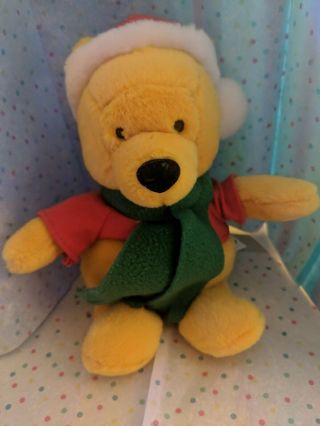 Walt Disney World Winnie The Pooh Bear Bean Plush Doll Christmas Santa Hat Scarf