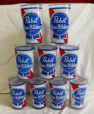 Set Of 9 Vintage Pabst Blue Ribbon 12 Oz Glasses Tumblers Con