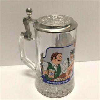 Glass Pabst Blue Ribbon Beer Stein Made In West Germany.  Metal Hinged Lid Signed
