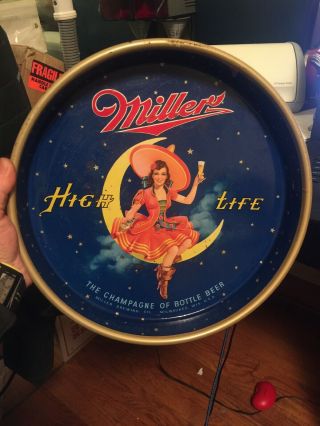 Vintage 13 " Miller High Life Girl On Moon Beer Drink Serving Tray