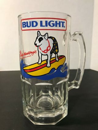 Vtg 1987 Bud Light Spuds Mackenzie Dog Beer Mug Glass Anheuser Busch Surf Board