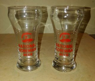 2 Vintage Clear National Bohemian Beer 10 Oz.  Glass Red Logo.  6 Ins Tall