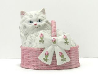 Persian Cat In A Basket With Bow Plays Memory From Cats Music Box Euc